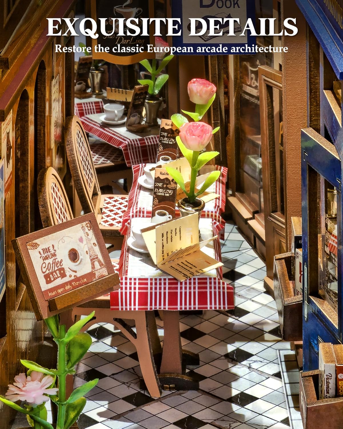 Robotime Arcade Dating Booknook with Dust Cover, DIY Miniature Dollhouse Kit, 3D Wooden Puzzle Bookend & Bookshelf Decor