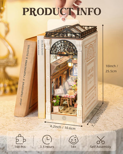 Robotime Arcade Dating Booknook with Dust Cover, DIY Miniature Dollhouse Kit, 3D Wooden Puzzle Bookend & Bookshelf Decor