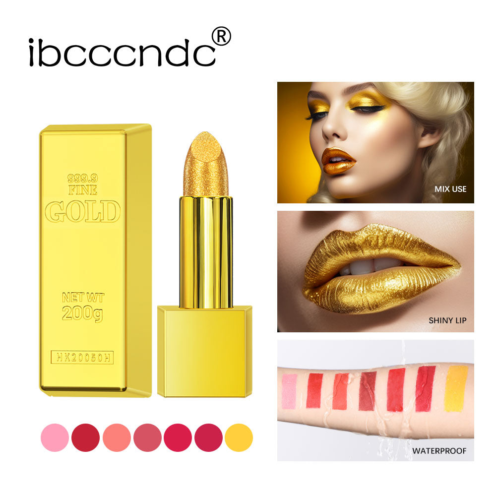 Shimmer Gold Lipstick Metallic, Waterproof Glitter Sexy Lipsticks, Long Lasting Shine, Gold Brick Tube Design Gift