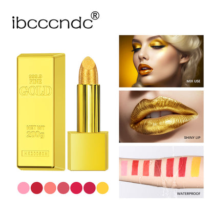 Shimmer Gold Lipstick Metallic, Waterproof Glitter Sexy Lipsticks, Long Lasting Shine, Gold Brick Tube Design Gift