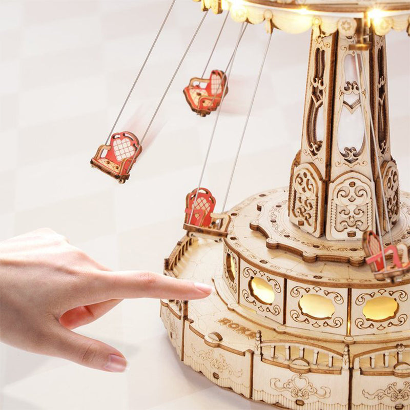 Robotime ROKR Swing Ride, Childrens 3D Wooden Puzzle Magic Amusement Park Music Box with Lights & Sound, Easy Assemble