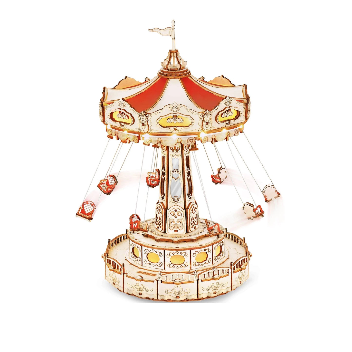 Robotime ROKR Swing Ride, Childrens 3D Wooden Puzzle Magic Amusement Park Music Box with Lights & Sound, Easy Assemble