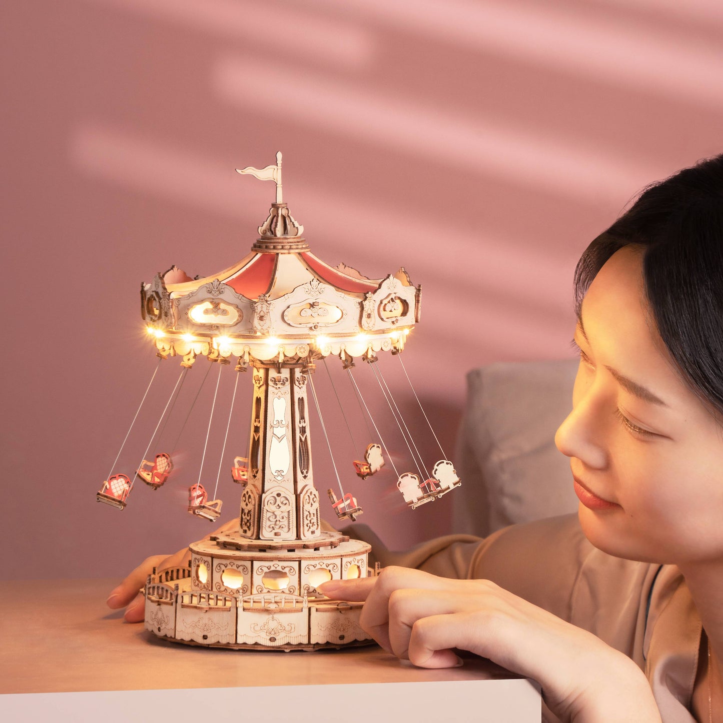 Robotime ROKR Swing Ride, Childrens 3D Wooden Puzzle Magic Amusement Park Music Box with Lights & Sound, Easy Assemble