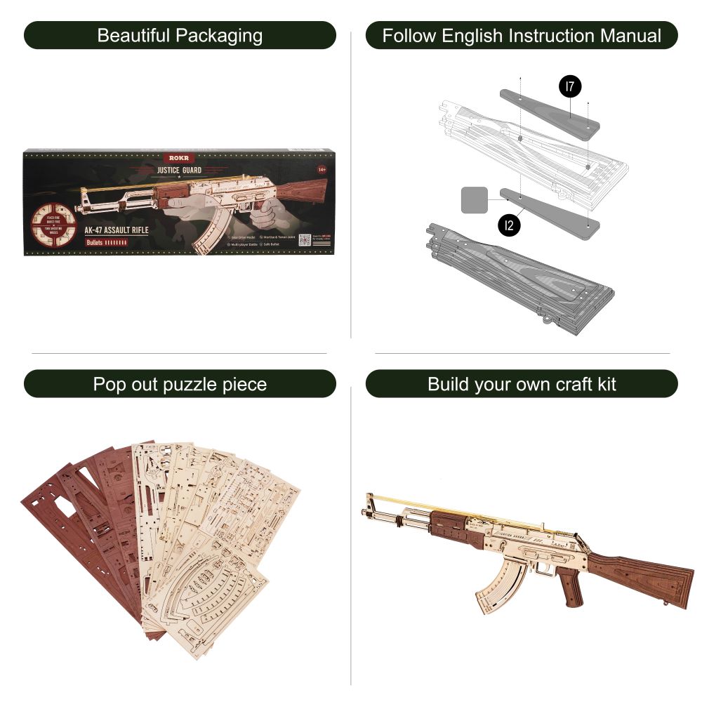 Robotime Rokr AK-47 3D Wooden Gun, DIY Building Block Toy for Kids & Adults, Mechanical Puzzle, Justice Guard Wooden