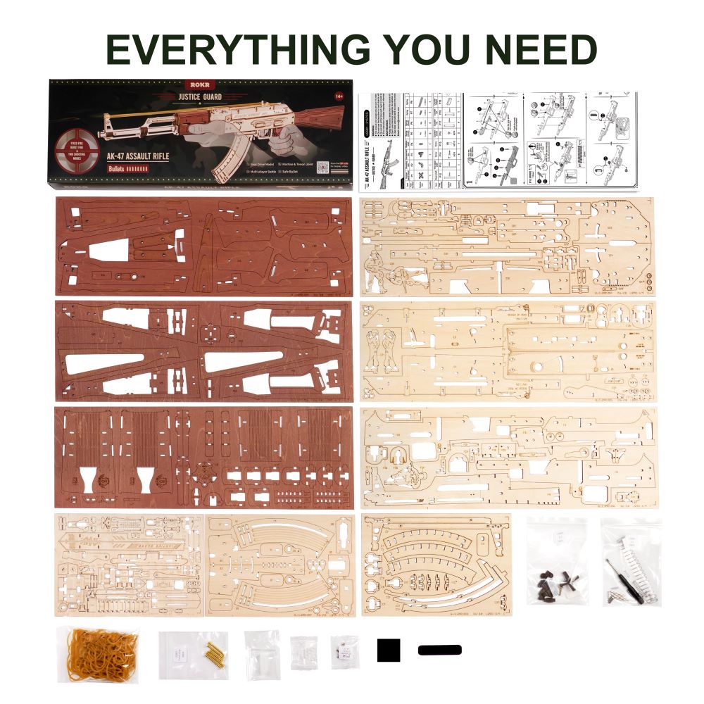 Robotime Rokr AK-47 3D Wooden Gun, DIY Building Block Toy for Kids & Adults, Mechanical Puzzle, Justice Guard Wooden