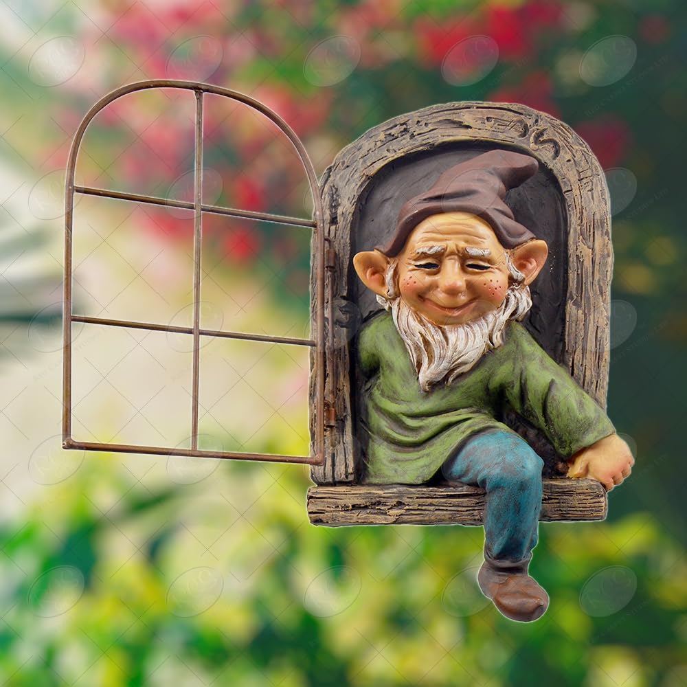 Elf Out The Door, Window Tree Hugger Naughty Garden Gnome Statue Whimsical Outdoor & Indoor Tree Decor