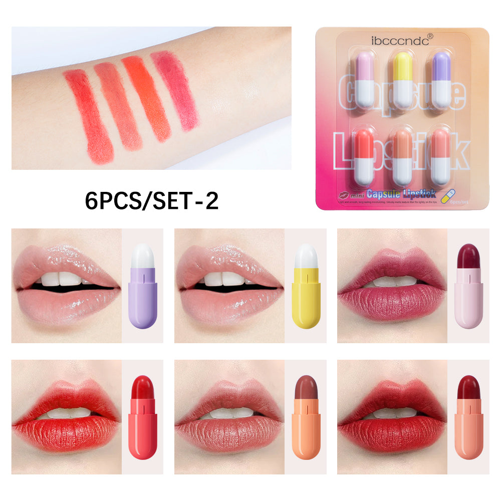 Mini Cute Capsule Lipstick Set with Lip Balm, Moisturizing Waterproof Lipstick, Non Stick Cup, Carry Pill Lipstick Gift