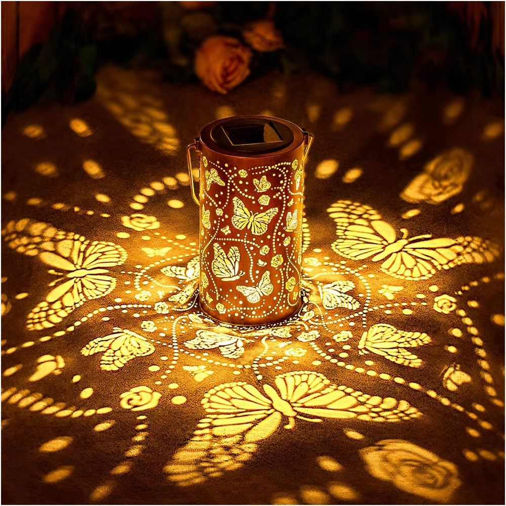 Waterproof Solar Outdoor Hanging Light, Metal Garden Lantern with Butterfly Dragonfly Design, Decorative Yard Lamp