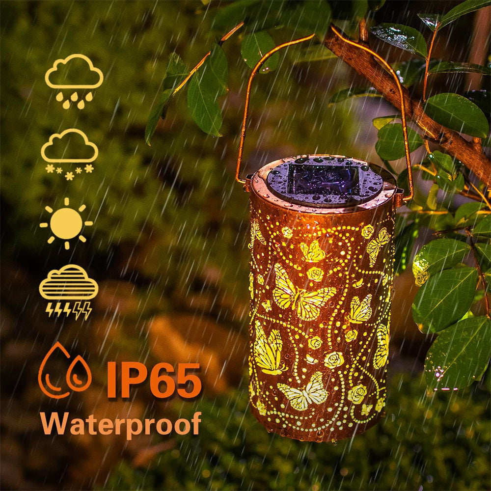 Waterproof Solar Outdoor Hanging Light, Metal Garden Lantern with Butterfly Dragonfly Design, Decorative Yard Lamp
