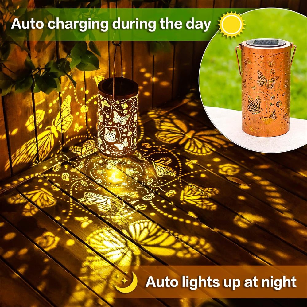 Waterproof Solar Outdoor Hanging Light, Metal Garden Lantern with Butterfly Dragonfly Design, Decorative Yard Lamp