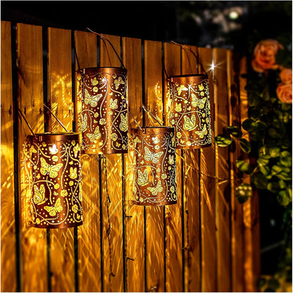 Waterproof Solar Outdoor Hanging Light, Metal Garden Lantern with Butterfly Dragonfly Design, Decorative Yard Lamp