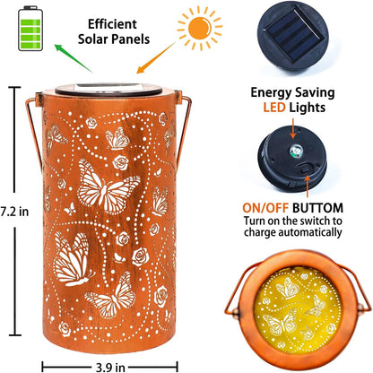 Waterproof Solar Outdoor Hanging Light, Metal Garden Lantern with Butterfly Dragonfly Design, Decorative Yard Lamp