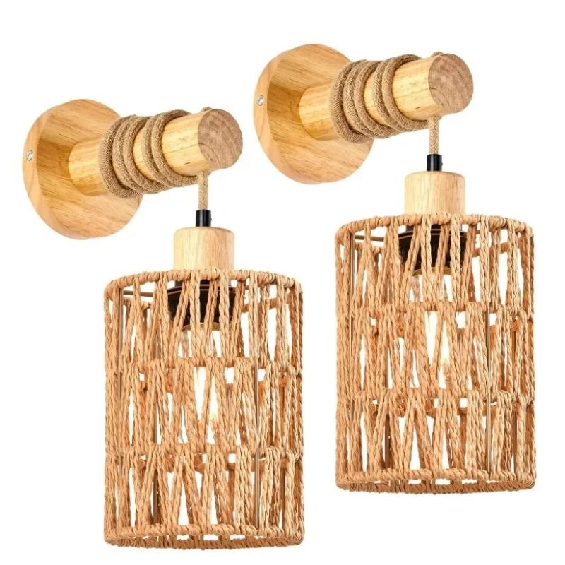 Hemp Rope Cylinder Wall Lamp for Farmhouse Bedroom or Bedside Lighting