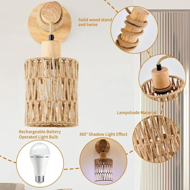 Hemp Rope Cylinder Wall Lamp For Farmhouse Bedroom Or Bedside Lighting 1