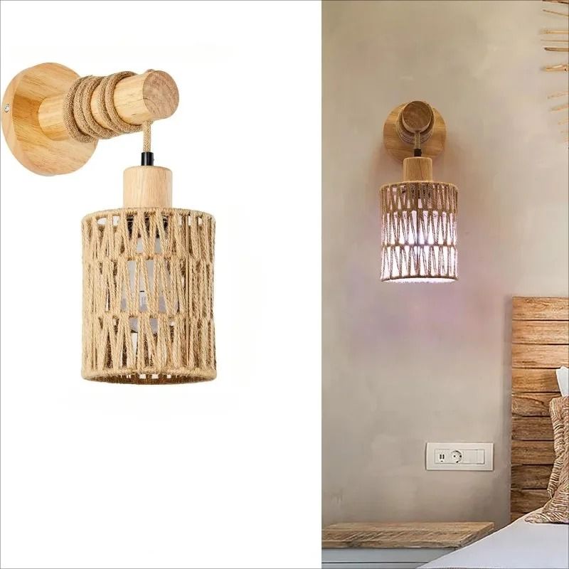 Hemp Rope Cylinder Wall Lamp For Farmhouse Bedroom Or Bedside Lighting 3