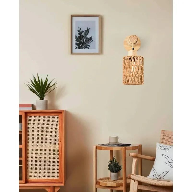 Hemp Rope Cylinder Wall Lamp For Farmhouse Bedroom Or Bedside Lighting 4