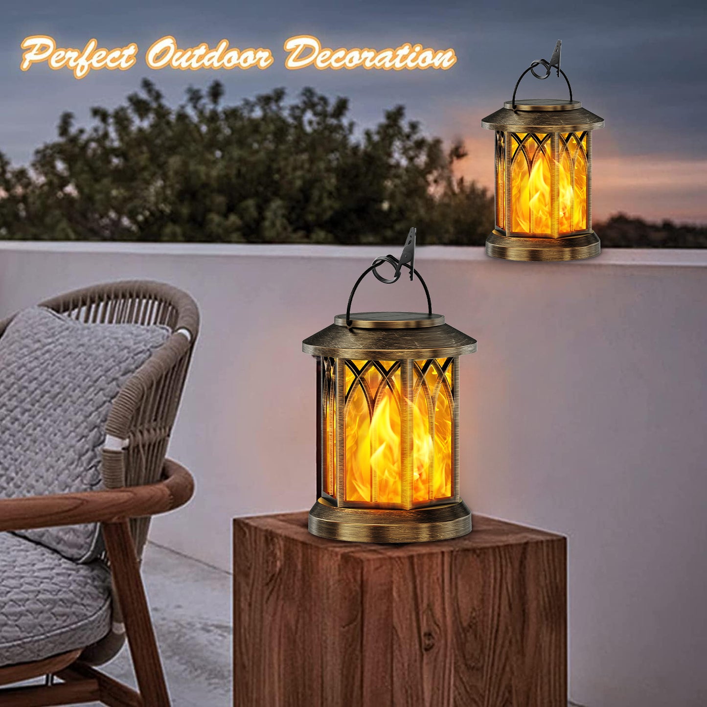 Outdoor Solar Lanterns Lights 2 Pack, Flickering Flame Hanging Lights for Garden, Patio Decor Bronze or Black