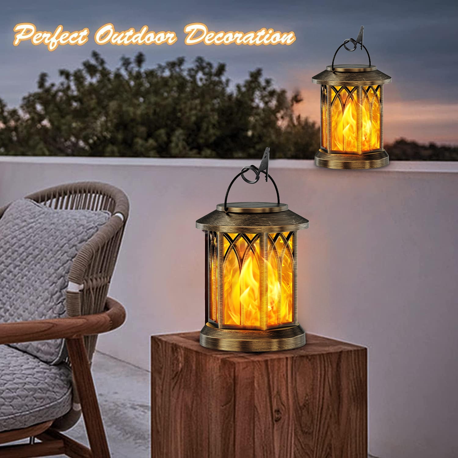 Outdoor Solar Lanterns Lights 2 Pack, Flickering Flame Hanging Lights for Garden, Patio Decor Bronze or Black
