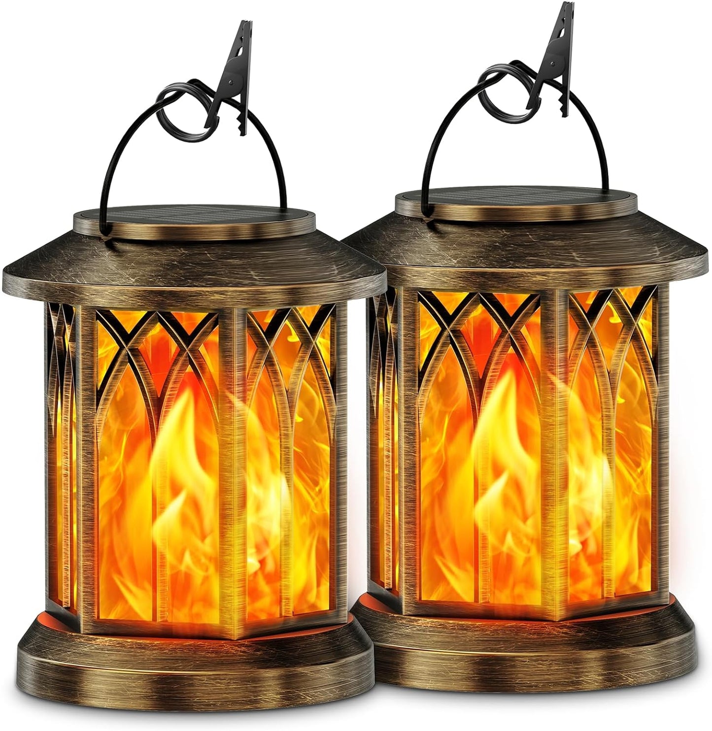 Outdoor Solar Lanterns Lights 2 Pack, Flickering Flame Hanging Lights for Garden, Patio Decor Bronze or Black