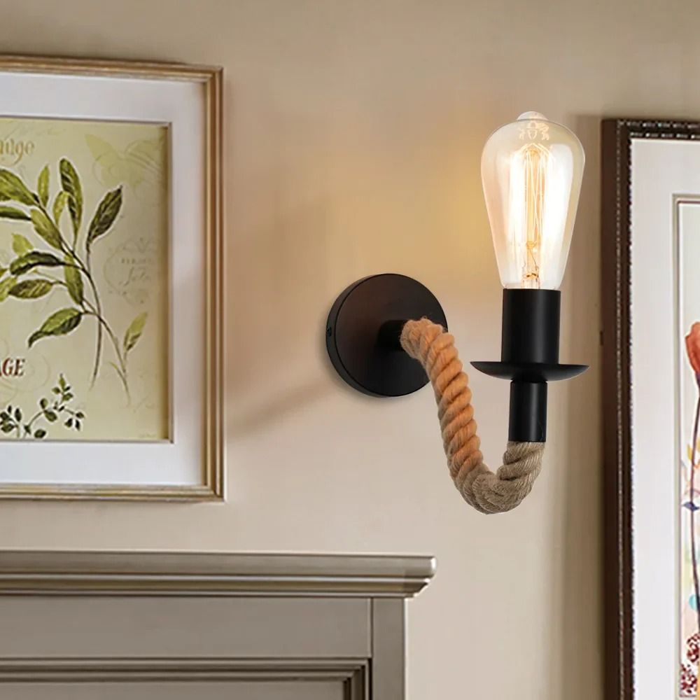 Retro Hemp Rope Wall Lamp With Iron Fixture For Hallways And Bedside Lighting 4