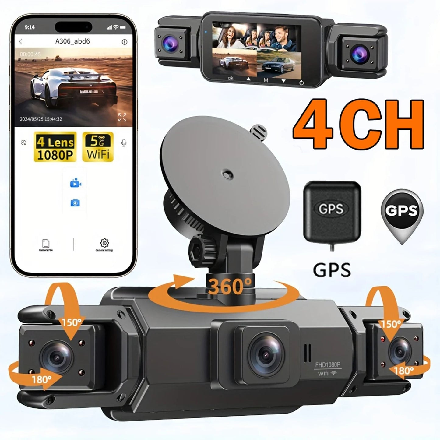4CH GPS Dashcam with 360 Degree Recording and Parking Monitor
