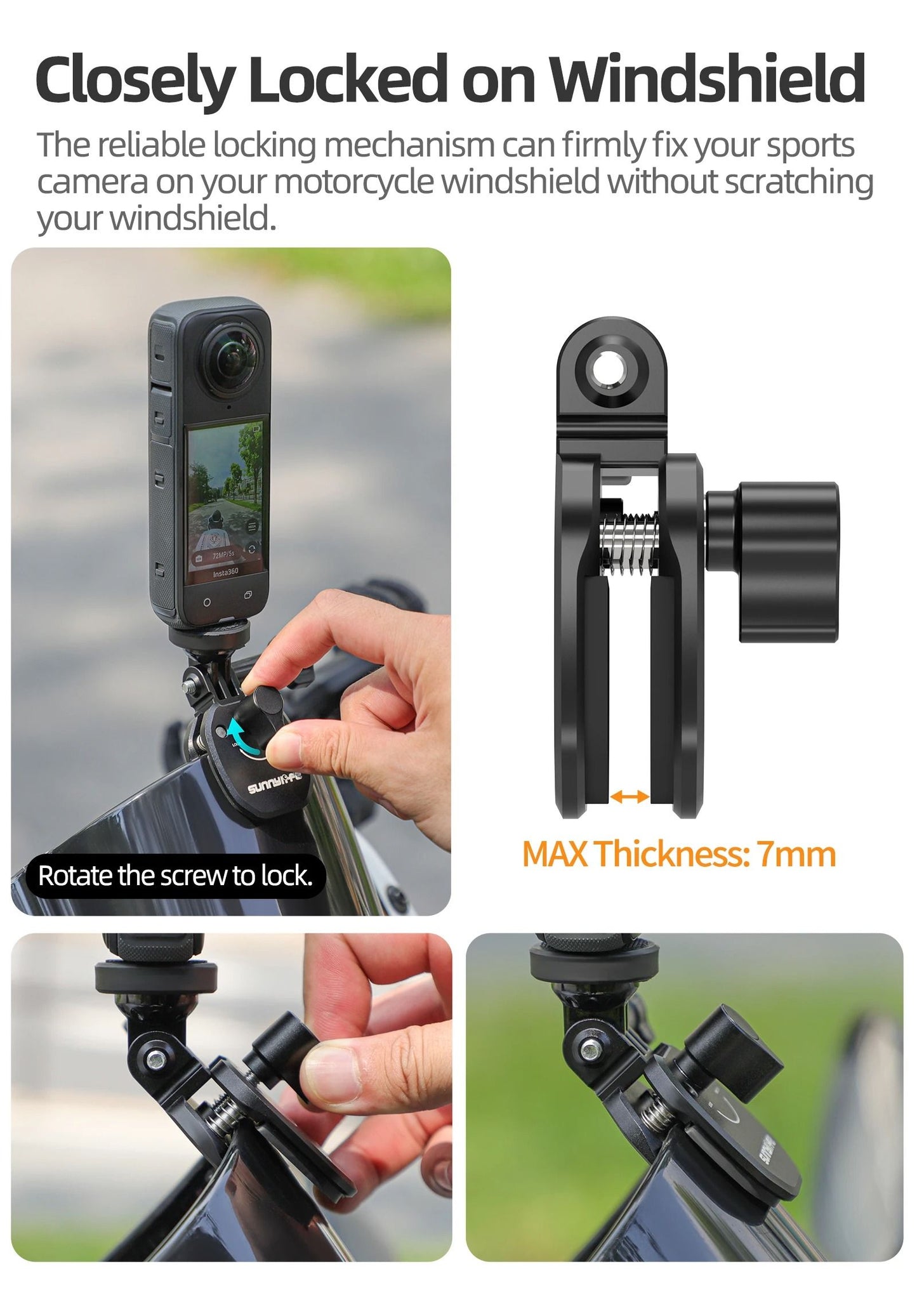 Motorcycle Windshield Mount Clamp For GoPro Insta360 DJI Osmo Action Cameras Aluminum Clip For Secu 4