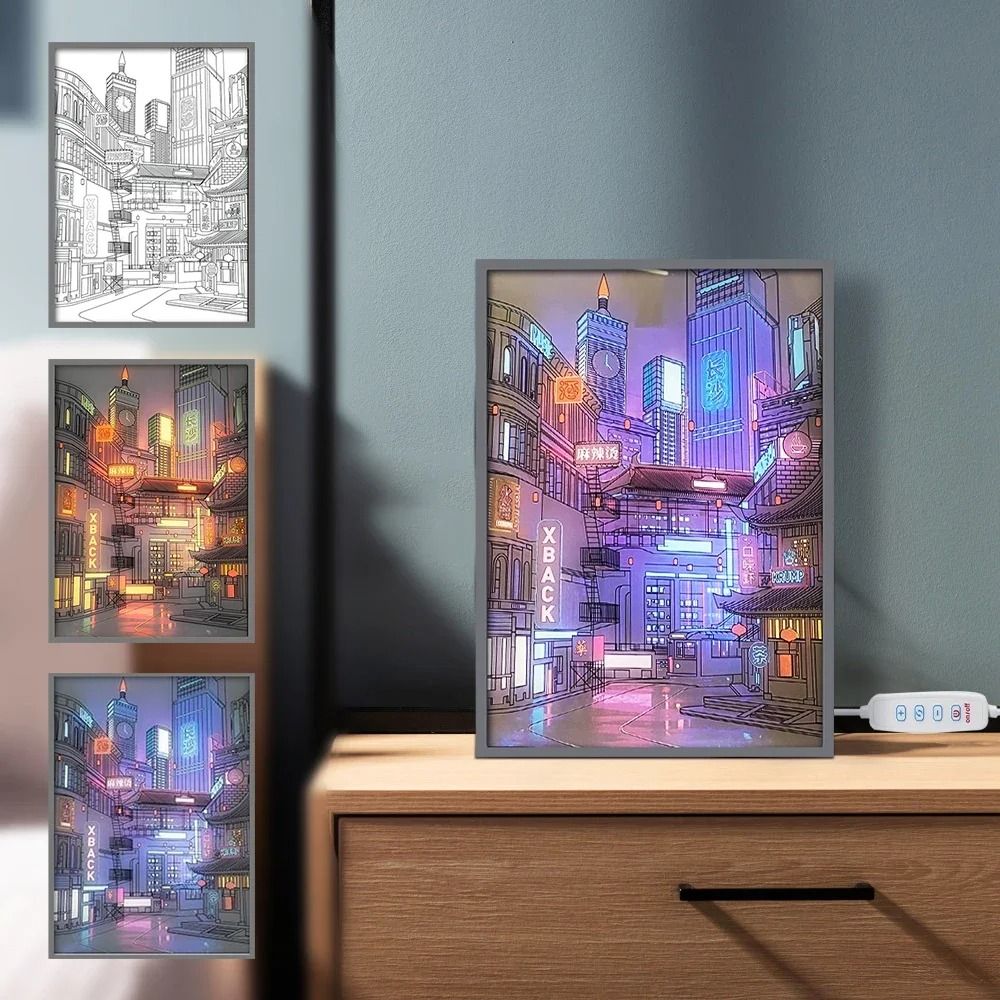 LED City Night View Light Painting with USB Power Dimming HD Wall Art for Bedroom Living Room Romantic Home Decoration