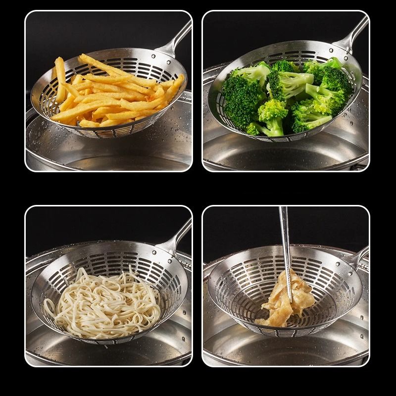 Stainless Steel Strainer Scoop With Long Handle Heat Resistant Oil Filter Colander For Kitchen Cook 5