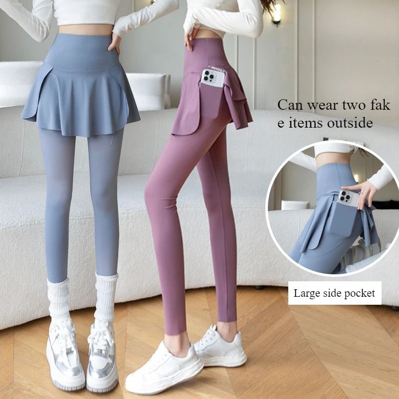 High Waist Seamless Womens Fitness Leggings with Pocket and Fake Two Piece Hip Lifting Design for Yoga or Workout