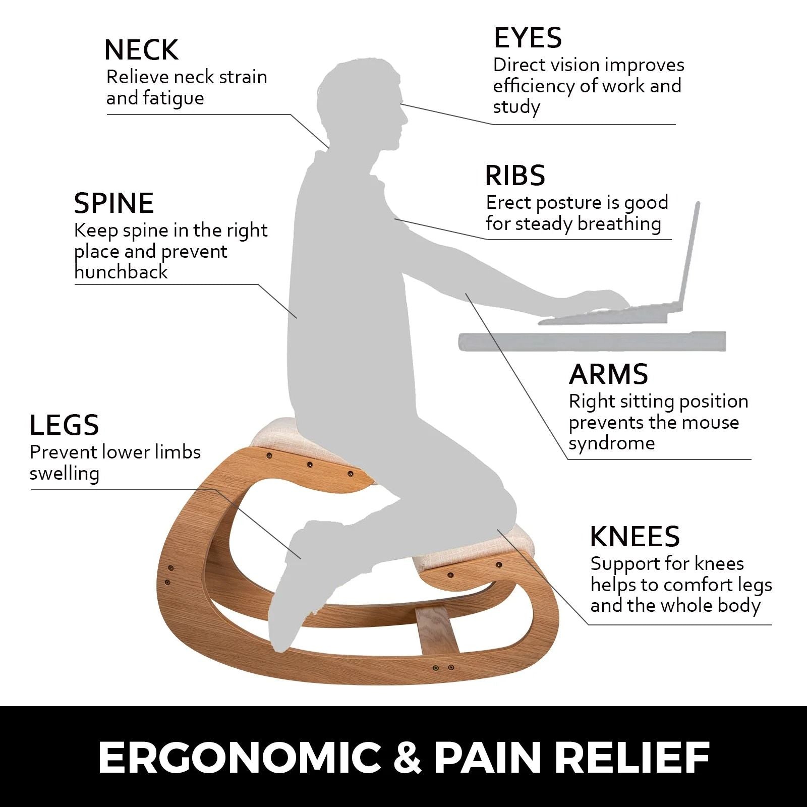 Ergonomic Kneeling Rocking Chair With Thick Cushion And Wood Frame For Home Office Posture Support  2