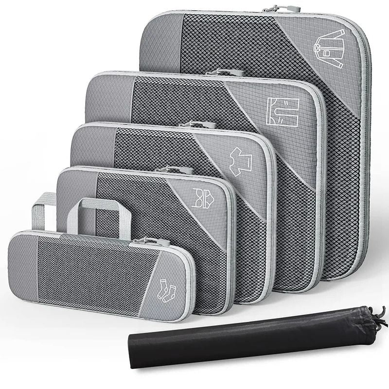 6 Piece Travel Compression Packing Cube Set With Mesh Storage And Shoe Bag For Lightweight Luggage  11
