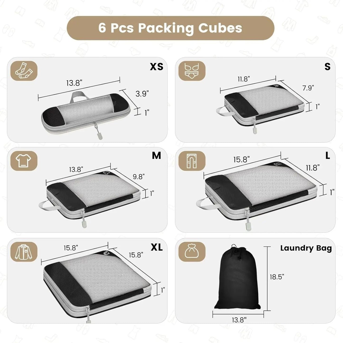6 Piece Travel Compression Packing Cube Set With Mesh Storage And Shoe Bag For Lightweight Luggage  2