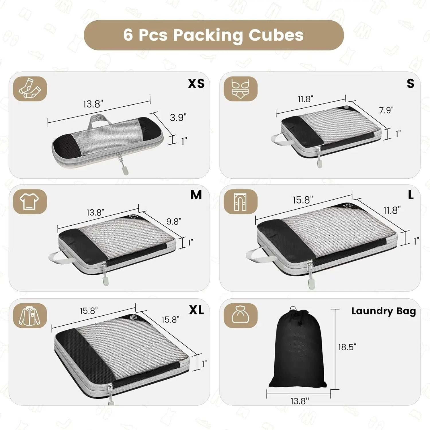 6 Piece Travel Compression Packing Cube Set With Mesh Storage And Shoe Bag For Lightweight Luggage  2