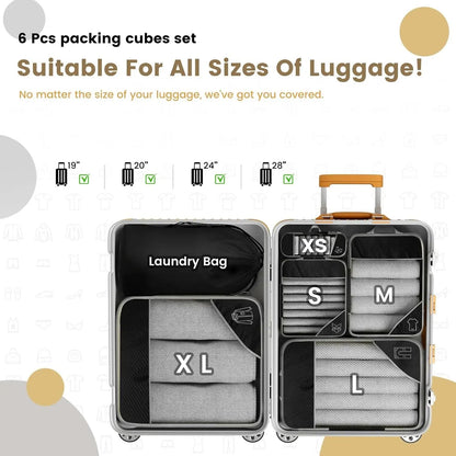 6 Piece Travel Compression Packing Cube Set With Mesh Storage And Shoe Bag For Lightweight Luggage  3