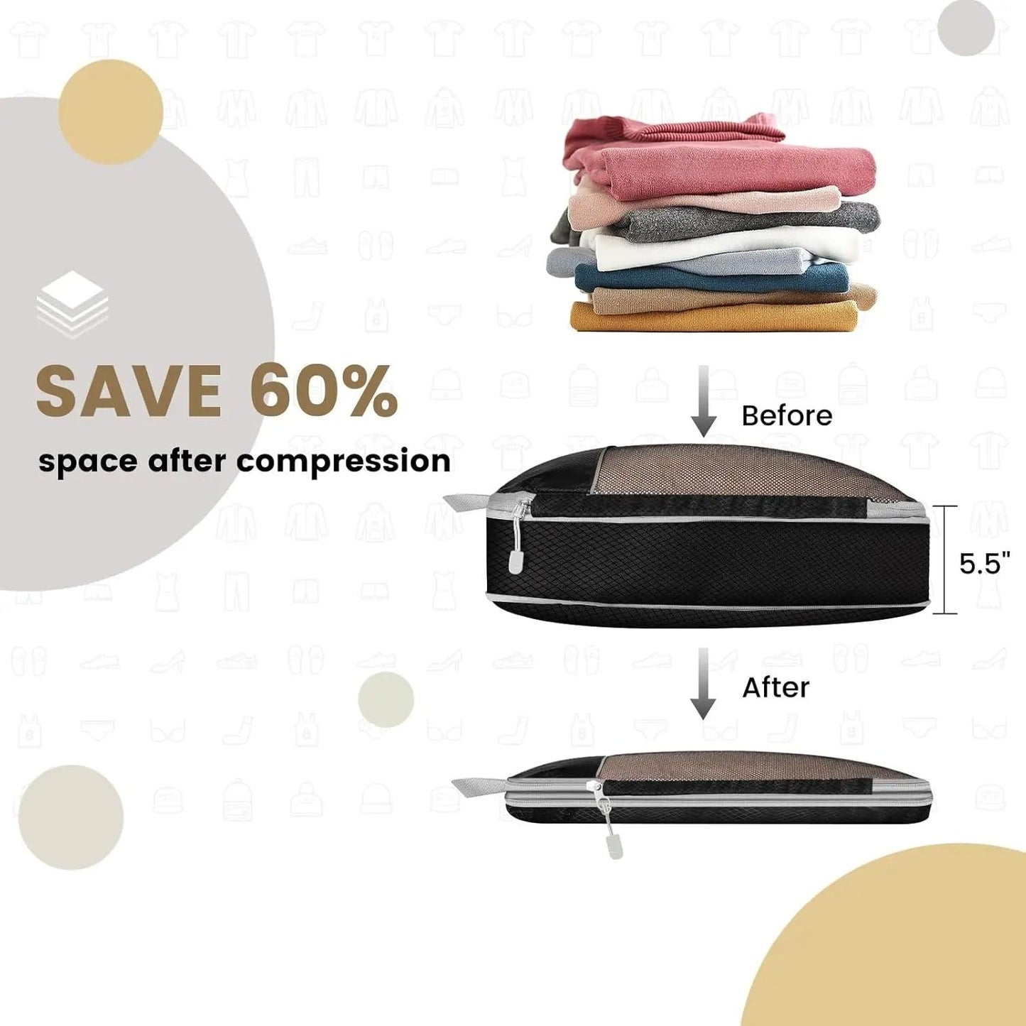 6 Piece Travel Compression Packing Cube Set With Mesh Storage And Shoe Bag For Lightweight Luggage  4