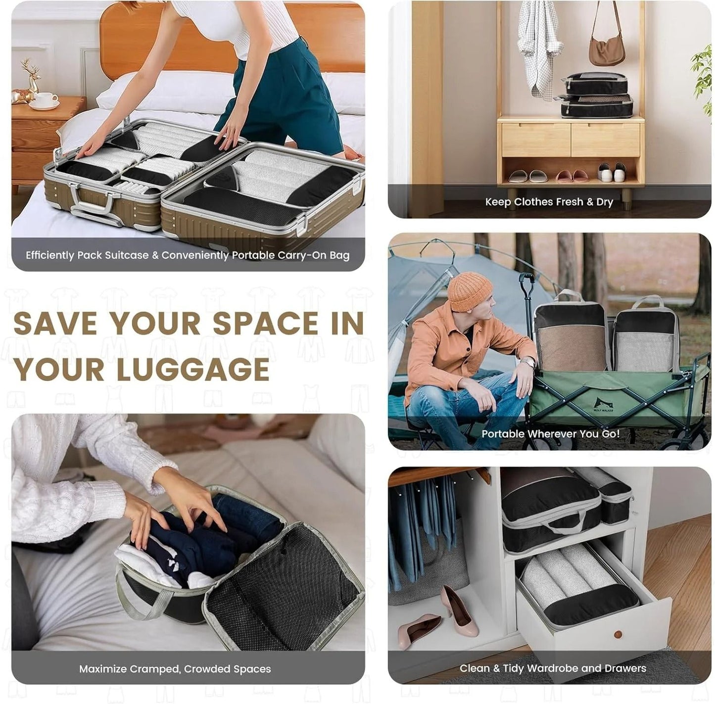 6 Piece Travel Compression Packing Cube Set With Mesh Storage And Shoe Bag For Lightweight Luggage  5