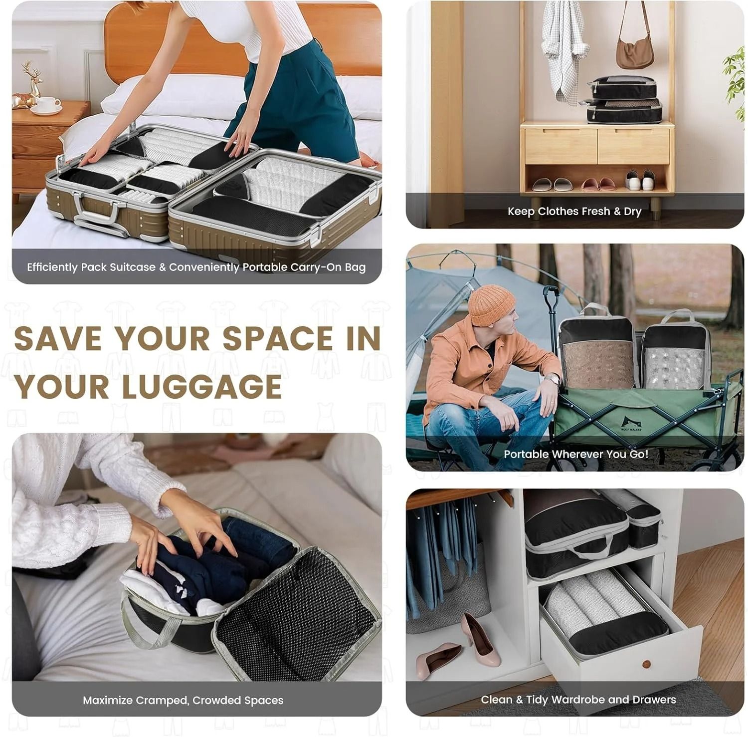6 Piece Travel Compression Packing Cube Set With Mesh Storage And Shoe Bag For Lightweight Luggage  5