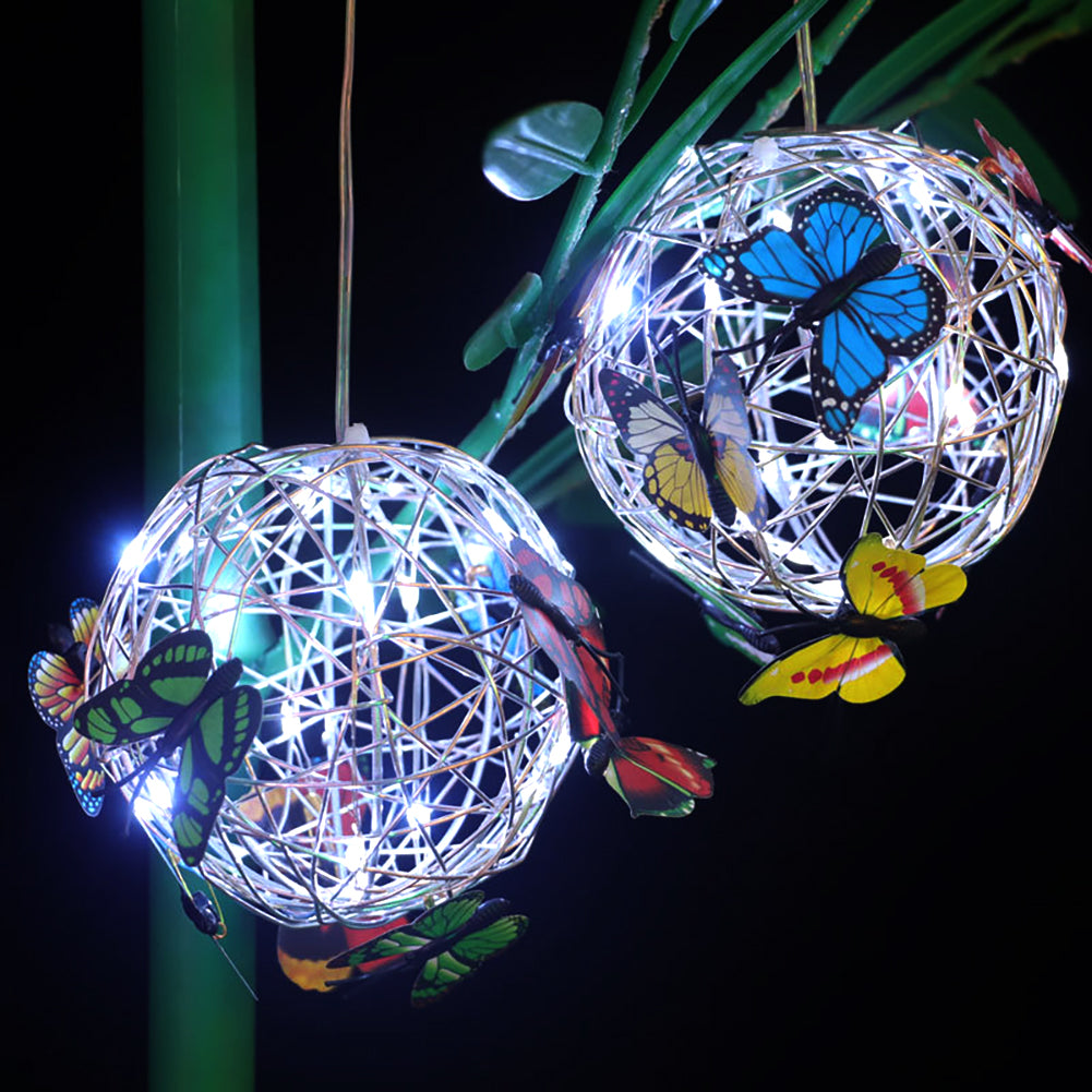 Waterproof Outdoor Solar Garden Light Metal Home Decorative, Butterfly Pendant Nightlight Round Ball Mesh Design