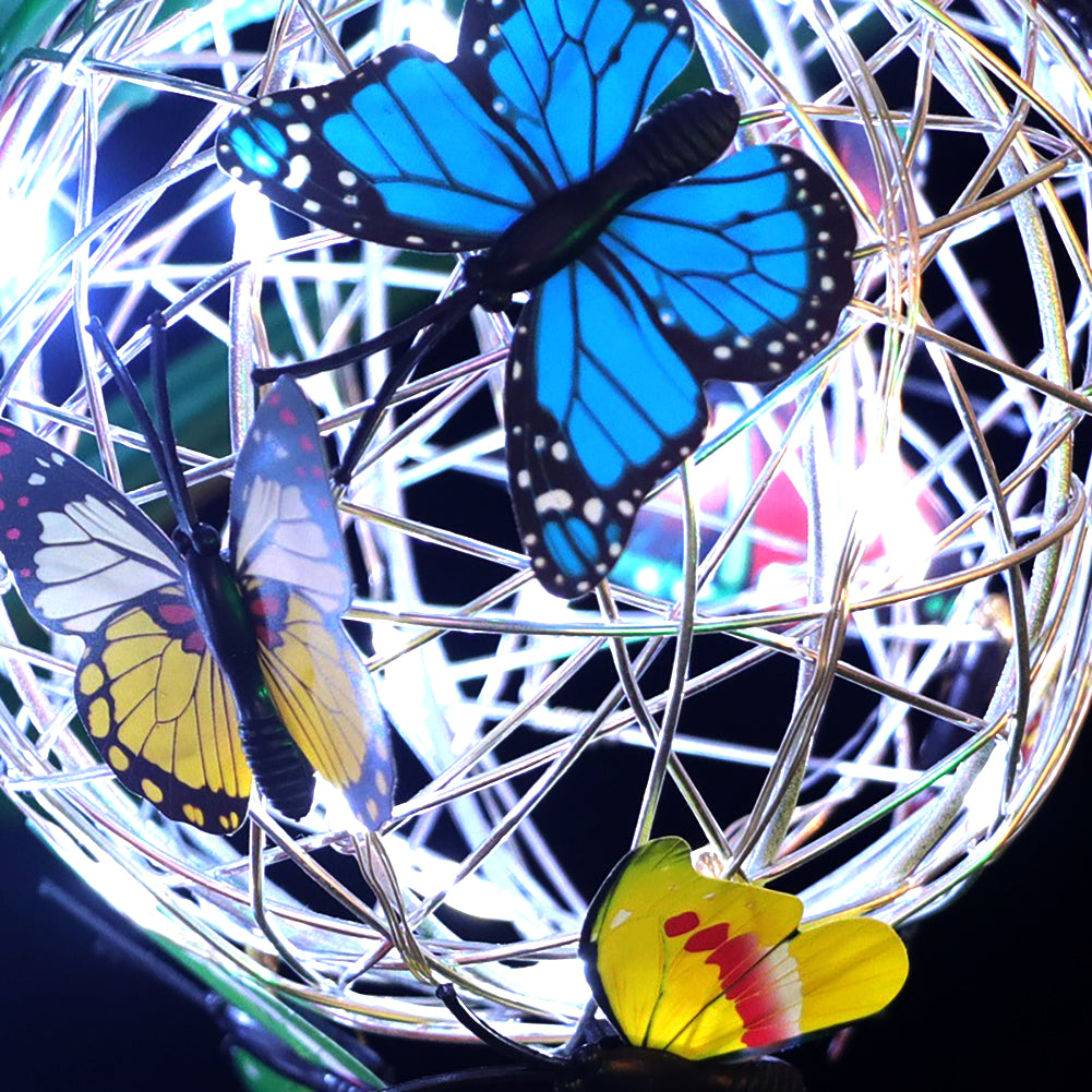 Waterproof Outdoor Solar Garden Light Metal Home Decorative, Butterfly Pendant Nightlight Round Ball Mesh Design