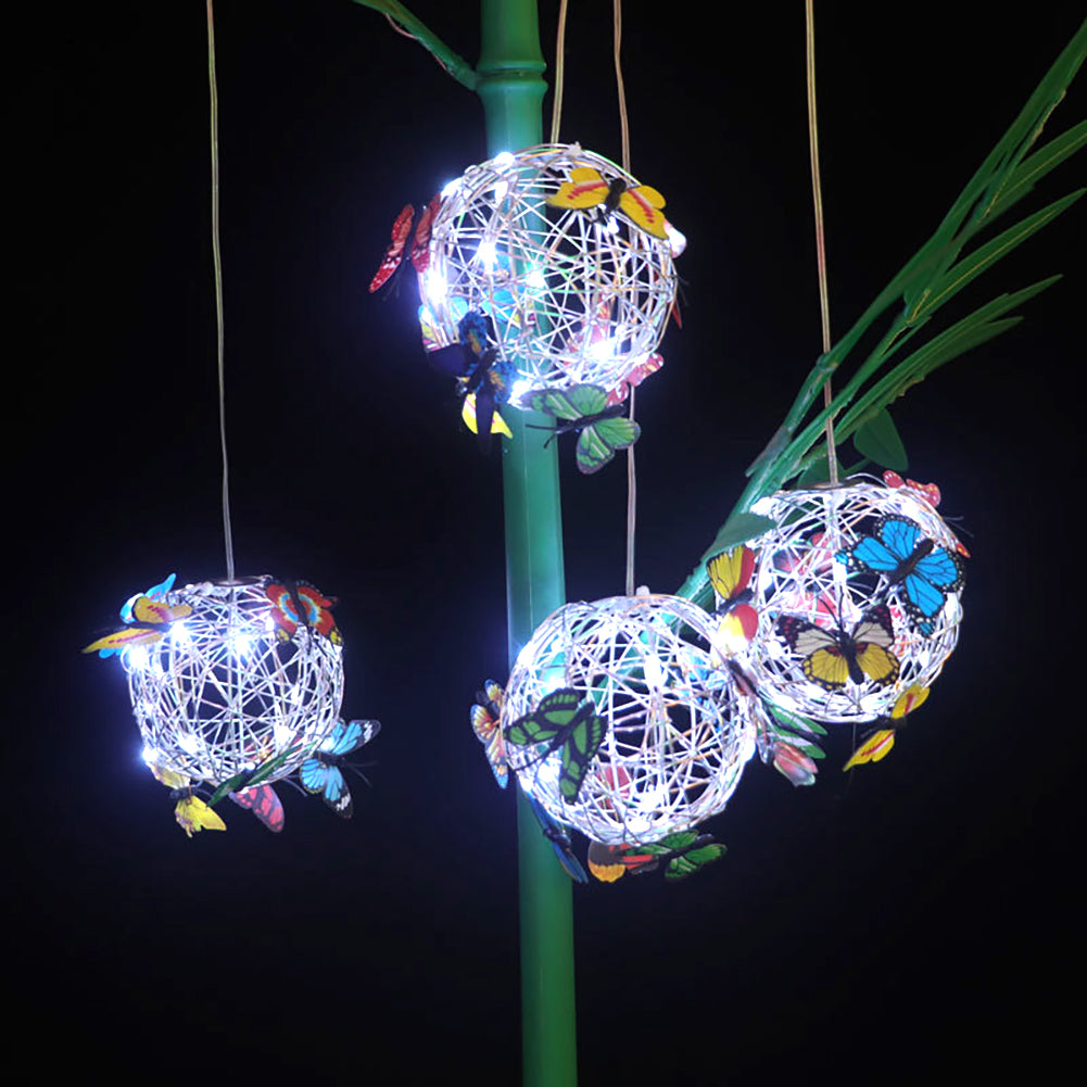 Waterproof Outdoor Solar Garden Light Metal Home Decorative, Butterfly Pendant Nightlight Round Ball Mesh Design