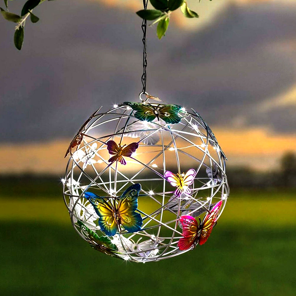 Waterproof Outdoor Solar Garden Light Metal Home Decorative, Butterfly Pendant Nightlight Round Ball Mesh Design