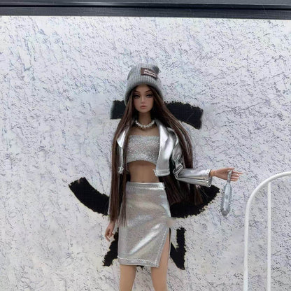 1/6 Supermodel Clothe Fashion, 5-Piece Spice Girls Series Set (Leather Jacket, Vest, Skirt, Hat) for 30cm Doll Dress Up