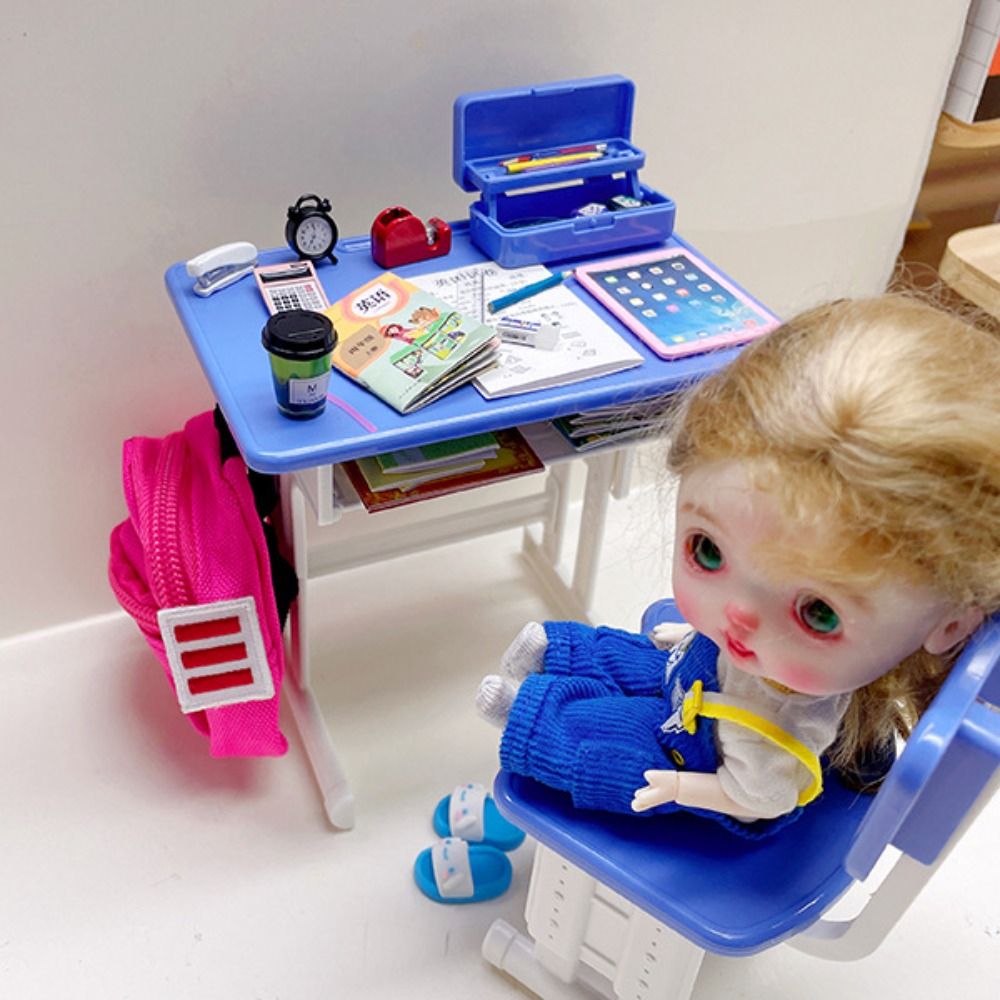 Miniature School Desk & Chair Set, Simulated Dollhouse Furniture Model for Pretend Play, Classroom Decor, and Play House