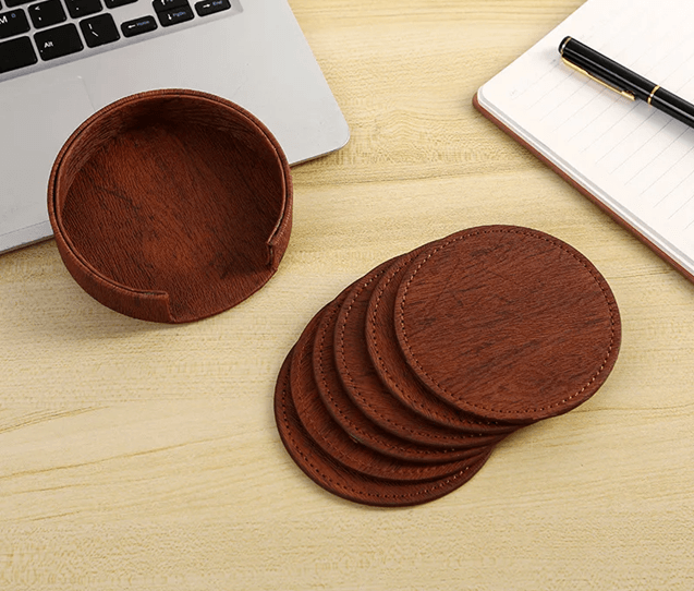 Elegant Wood Grain Leather Drink Coasters Set 6 Piece Insulated Non Stick Cup Placemats 1
