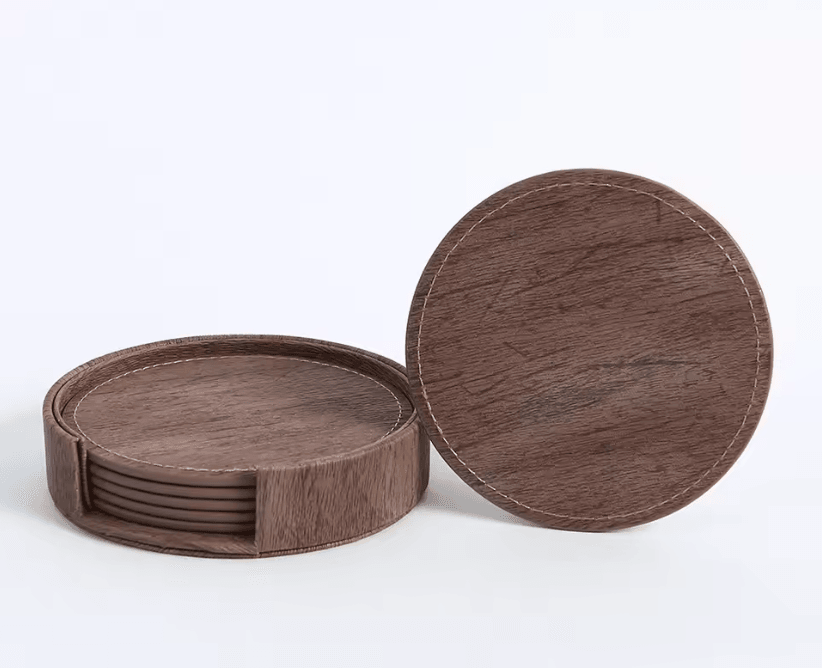 Elegant Wood Grain Leather Drink Coasters Set 6 Piece Insulated Non Stick Cup Placemats 3