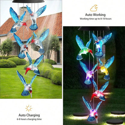Waterproof Hummingbird Solar Wind Chime Light LED Outdoor Lantern Auto Color Changing Home Garden G