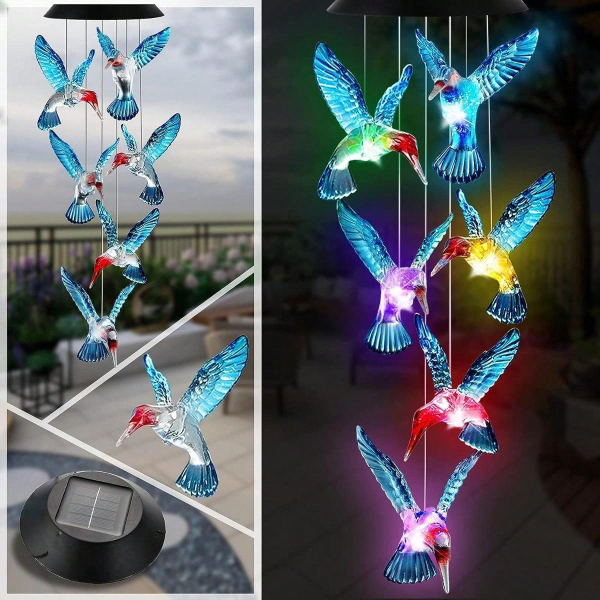 Waterproof Hummingbird Solar Wind Chime Light LED Outdoor Lantern Auto Color Changing Home Garden G