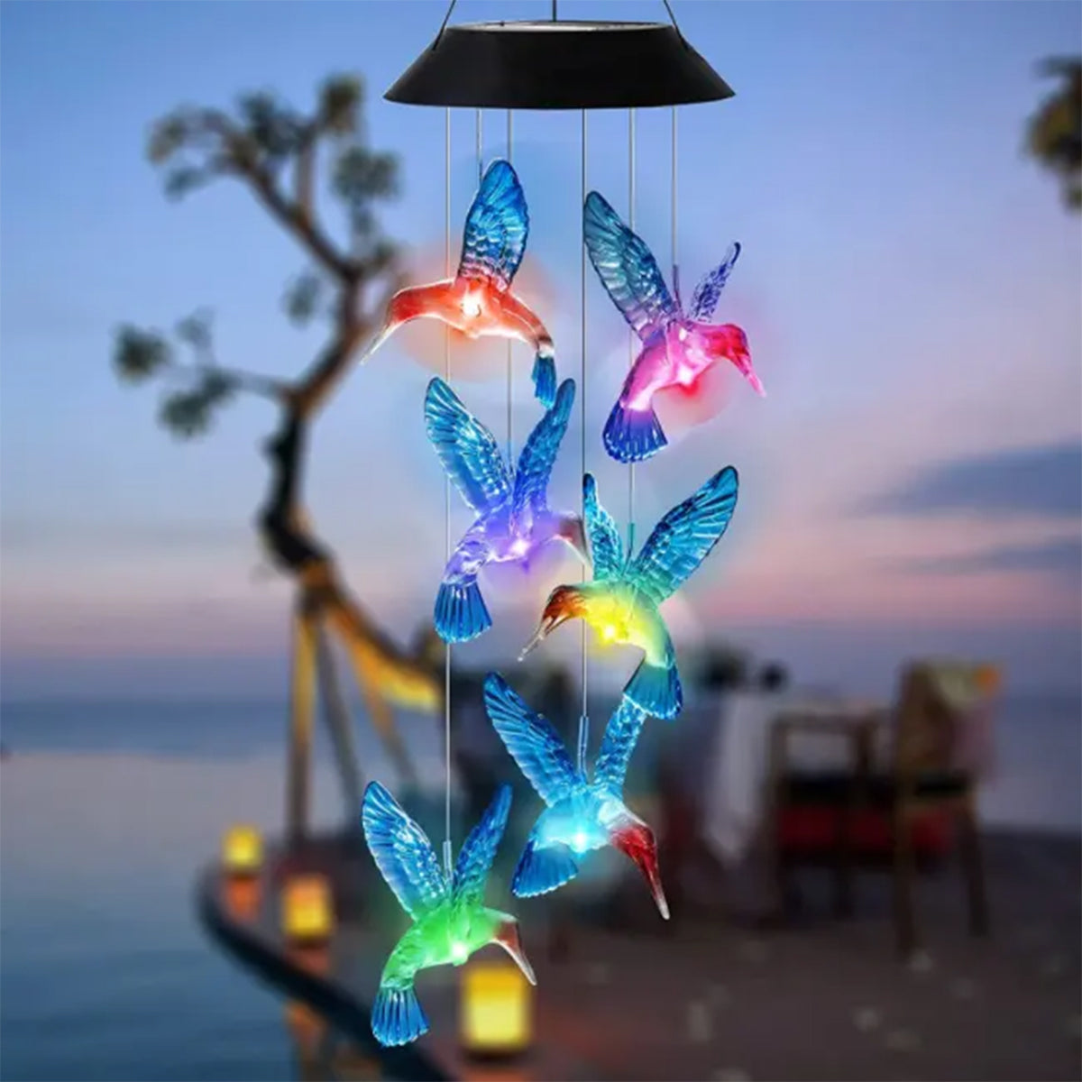 Waterproof Hummingbird Solar Wind Chime Light LED Outdoor Lantern Auto Color Changing Home Garden G
