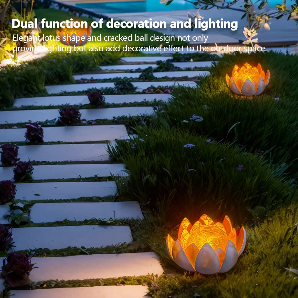Waterproof Crack Glass Ball Lotus Light, Solar Powered Decorative Flower Lamp, 600mAh for Garden Yard Decor