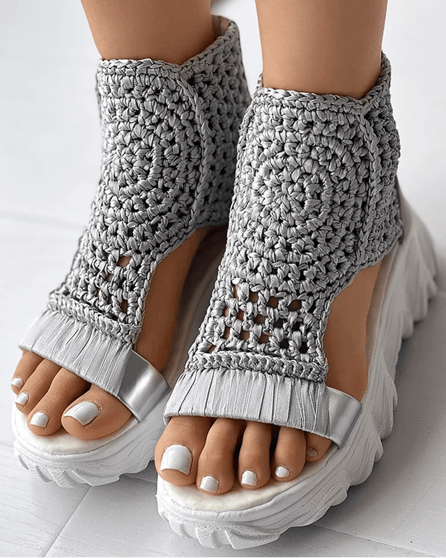 Elegant Gold Knitted Elastic Flat Sandals Braided Mesh Slip On For Women 1